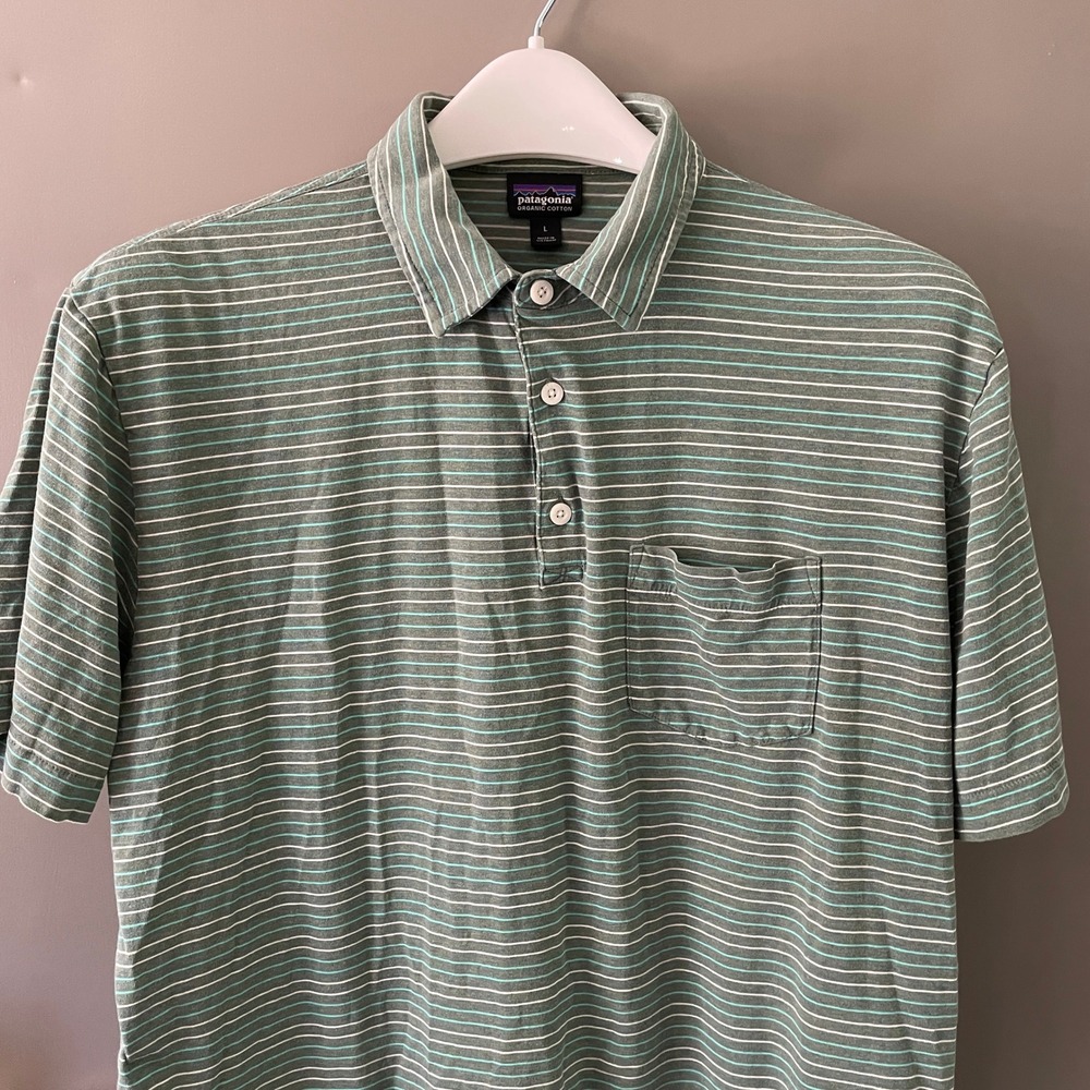 Patagonia Mens Organic Cotton Striped Polo Shirt Green Large Short Sleeve Pocket